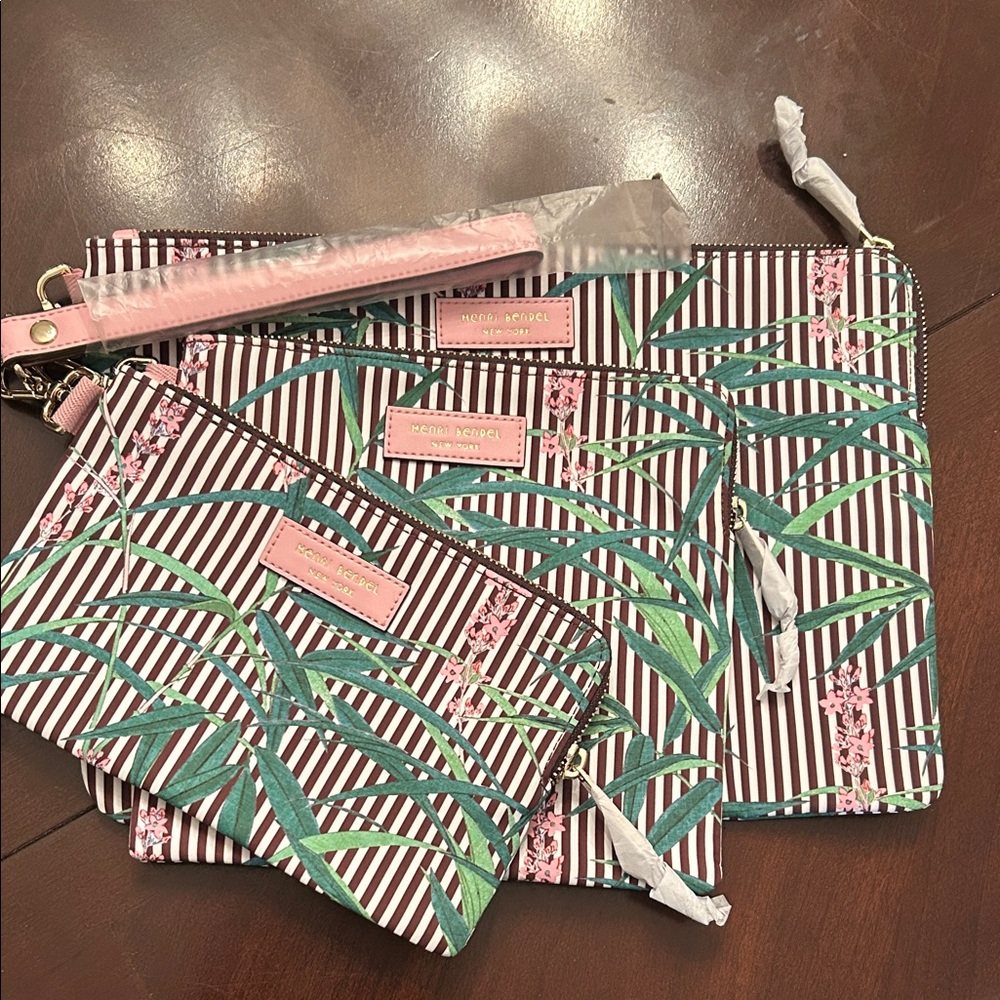henri bendel Pink Floral & Green Pam Leaf Striped Trio Pouch Set